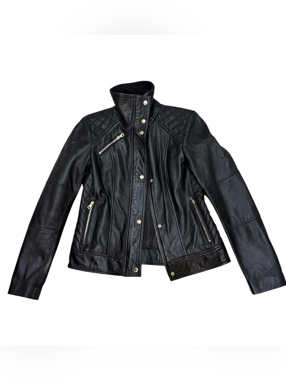 Cole Haan Genuine Lambskin Black Quilted Leather Moto Jacket Excellent Condition